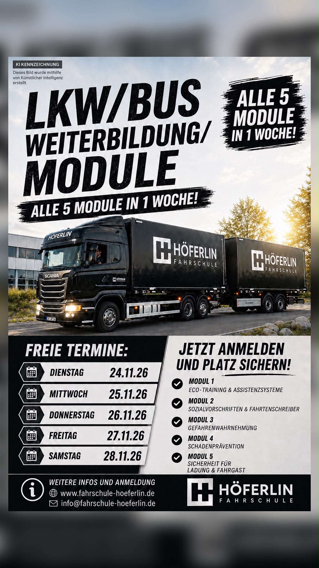 LKW/Bus Weiterbildung – alle 5 Module in 1 Woche, 24.11. bis 28.11.26